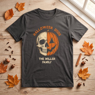 Vintage Split Face Skull Pumpkin Halloween Family T-Shirt