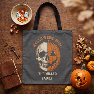 Vintage Split Face Skull Pumpkin Halloween Family Tote Bag