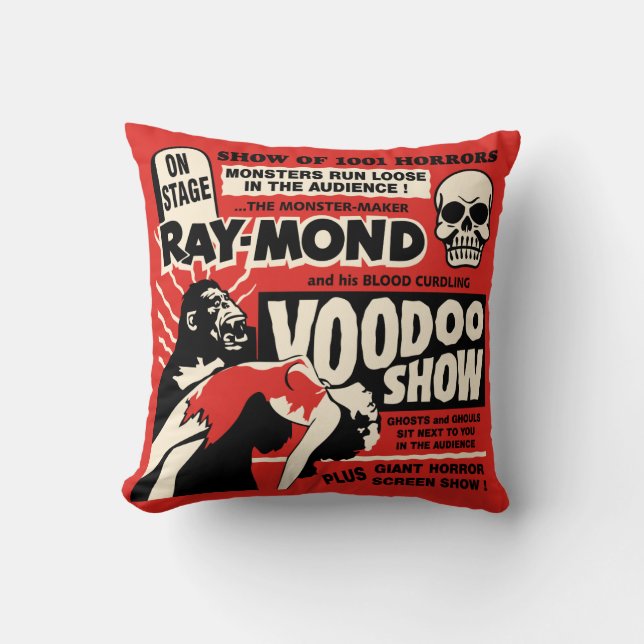 Vintage Spook Show Poster Art - Voodoo Skull ! Cushion (Front)