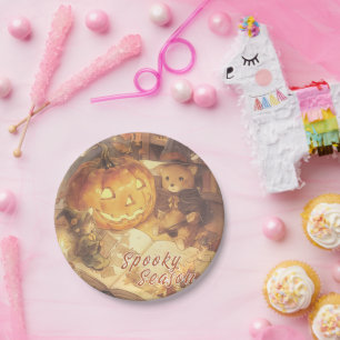 Vintage Spooky Season Cute Bear Pumpkin Halloween Paper Plate