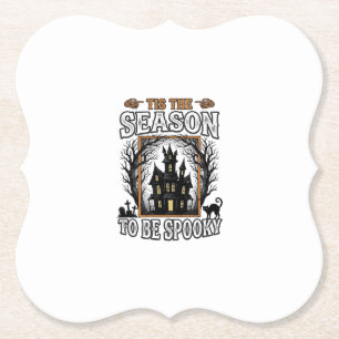 Vintage Spooky Season Haunted House Halloween Desi Paper Coaster