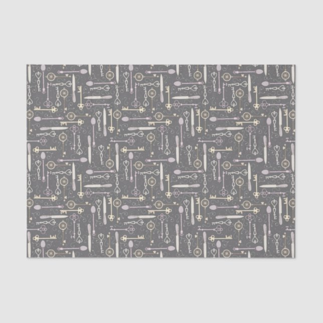 Vintage Spoons and Keys on Grey Tissue Paper (Front)