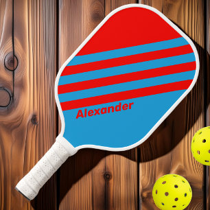 Vintage Sport Electric Blue Red Stripes with Name Pickleball Paddle