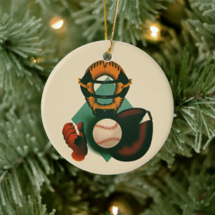Vintage Sports Baseball Player, Catcher with Mitt Ceramic Tree Decoration