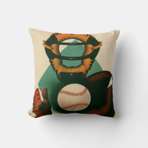 Vintage Sports Baseball Player, Catcher with Mitt Cushion