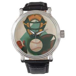 Vintage Sports Baseball Player, Catcher with Mitt Watch