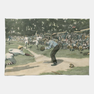 Vintage Sports, Baseball Player Sliding into Home Tea Towel