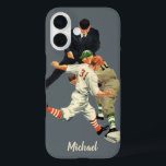 Vintage Sports Baseball Players Safe at Home Plate iPhone 16 Case<br><div class="desc">Easy to customise phone case,  just add your name!
Vintage illustration sports baseball design featuring old fashioned baseball players playing a game. There is an umpire,  a catcher trying to catch a baseball and a runner making it safely to home base.</div>
