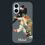 Vintage Sports Baseball Players Safe at Home Plate iPhone 16 Case<br><div class="desc">Easy to customise phone case,  just add your name!
Vintage illustration sports baseball design featuring old fashioned baseball players playing a game. There is an umpire,  a catcher trying to catch a baseball and a runner making it safely to home base.</div>