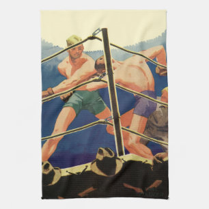 Vintage Sports Boxing, Boxers During a Match Tea Towel