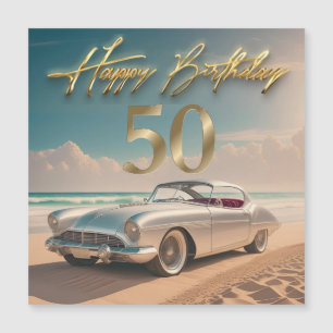 Vintage Sports car on a tropical beach Happy 50th