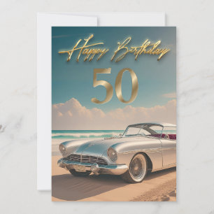 Vintage Sports car on a tropical beach Happy 50th