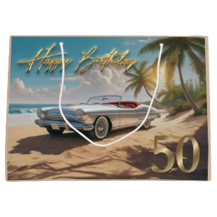 Vintage Sports car on a tropical beach Happy 50th Large Gift Bag
