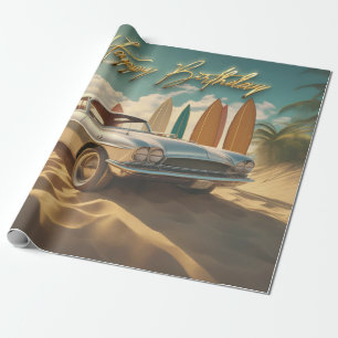 Vintage Sports car tropical beach Happy birthday Wrapping Paper