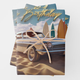 Vintage Sports car tropical beach Happy birthday Wrapping Paper Sheet