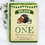 Vintage Sports Football 1st Birthday Party Invitation<br><div class="desc">Amaze your guests with this cool birthday party invite featuring an american football and a sports helmet with vibrant typography against a rustic parchment background. Simply add your event details on this easy-to-use template to make it a one-of-a-kind invitation. Flip the card over to reveal a beautiful green grass texture...</div>