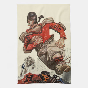 Vintage Sports Football Player and Bulldog Mascot Tea Towel