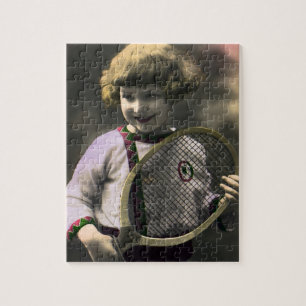 Vintage Sports, Happy Girl Holding a Tennis Racket Jigsaw Puzzle