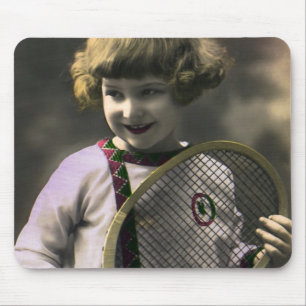 Vintage Sports, Happy Girl Holding a Tennis Racket Mouse Pad