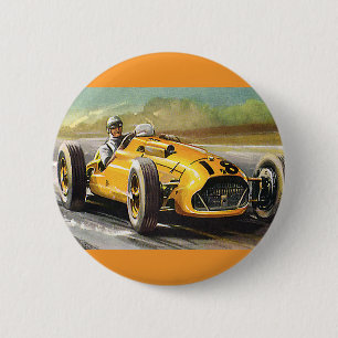 Vintage Sports Racing, Yellow Race Car Racer 6 Cm Round Badge