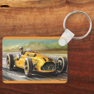 Vintage Sports Racing, Yellow Race Car Racer Key Ring