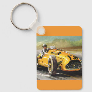 Vintage Sports Racing, Yellow Race Car Racer Key Ring