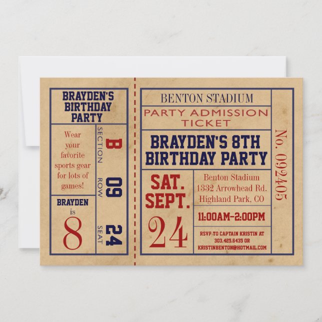 Vintage Sports Ticket Birthday Invite - Baseball (Front)