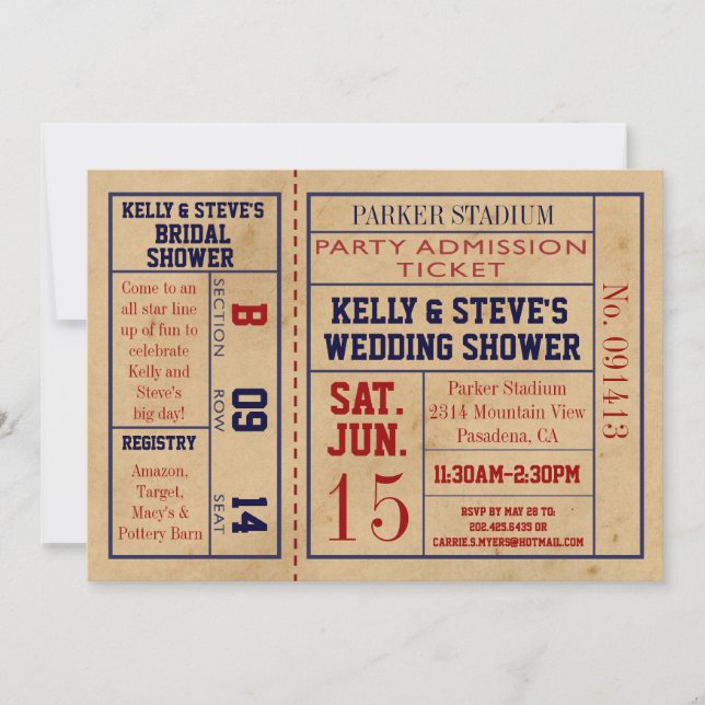 Vintage Sports Ticket Bridal Shower Invite footbal (Front)