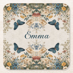 Vintage Spring Butterfly Floral Garden Square Paper Coaster