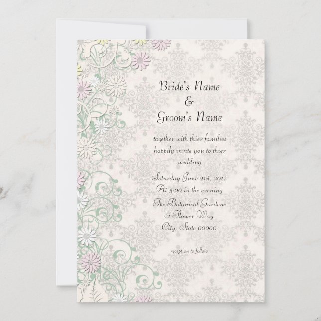 Vintage Spring Damask and Flowers Wedding Invite (Front)