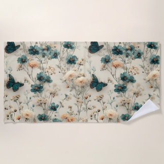 Vintage Spring Flowers and Butterflies Beach Towel
