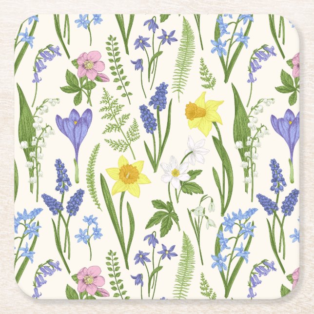 Vintage Spring flowers and Herbs   Square Paper Coaster (Front)
