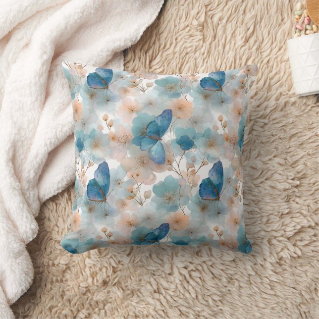 Vintage Spring Flowers & Blue Butterfly Cushion (Blanket)