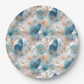 Vintage Spring Flowers & Blue Butterfly Paper Plate