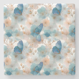 Vintage Spring Flowers & Blue Butterfly Stone Coaster