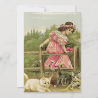 Vintage Spring Girl Watching Kittens Play