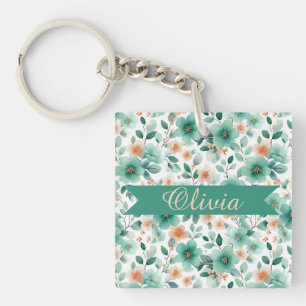 Vintage Spring Green Floral Personalized Key Ring