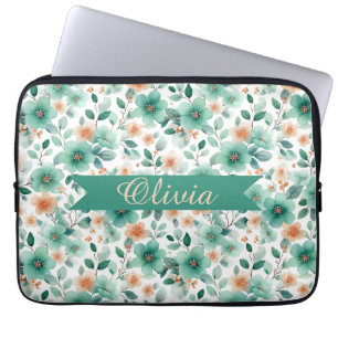 Vintage Spring Green Floral Personalized Laptop Sleeve