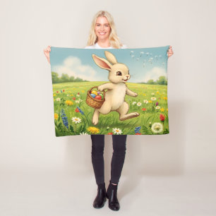 Vintage Spring Meadow Easter Bunny  Fleece Blanket