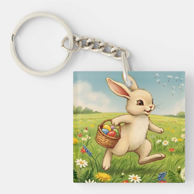 Vintage Spring Meadow Easter Bunny  Key Ring (Front)