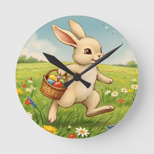 Vintage Spring Meadow Easter Bunny  Round Clock (Front)