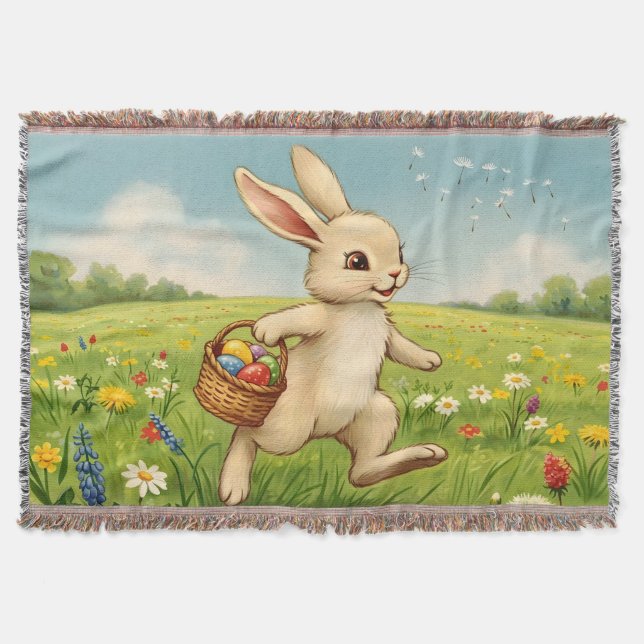 Vintage Spring Meadow Easter Bunny  Throw Blanket (Front)