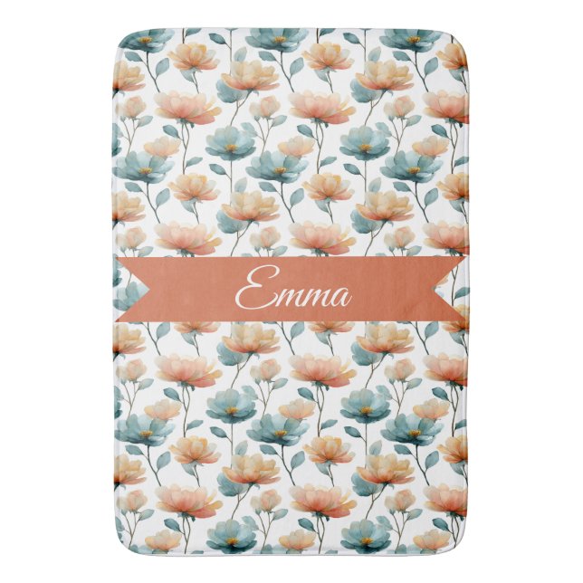 Vintage Spring Orange Flowers Personalized Bath Mat (Front Vertical)
