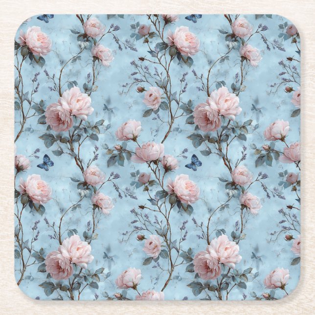 Vintage Spring Peonies on Blue Square Paper Coaster (Front)