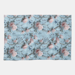 Vintage Spring Peonies on Blue Tea Towel