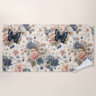 Vintage Spring Pink and Blue Florals & Butterfly Beach Towel