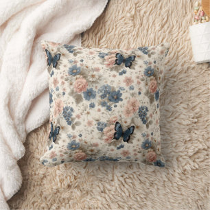 Vintage Spring Pink and Blue Florals & Butterfly Cushion