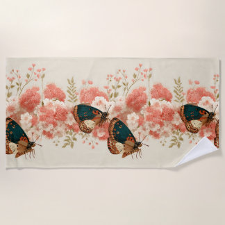 Vintage Spring Pink Flowers with Butterflies Beach Towel