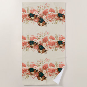Vintage Spring Pink Flowers with Butterflies Beach Towel