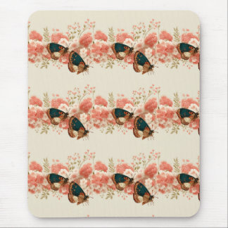 Vintage Spring Pink Flowers with Butterflies Mouse Pad